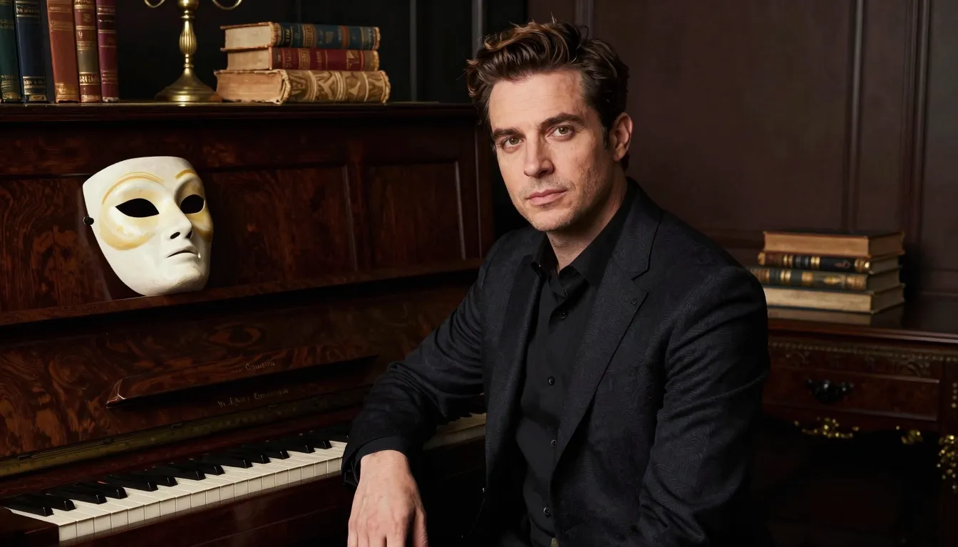A sophisticated portrait of a creative man in a dark studio,...