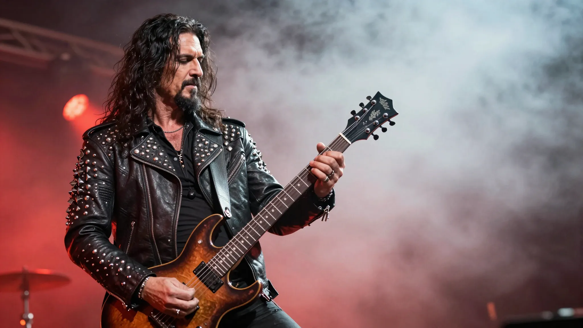 A charismatic heavy metal musician with long dark hair and a...