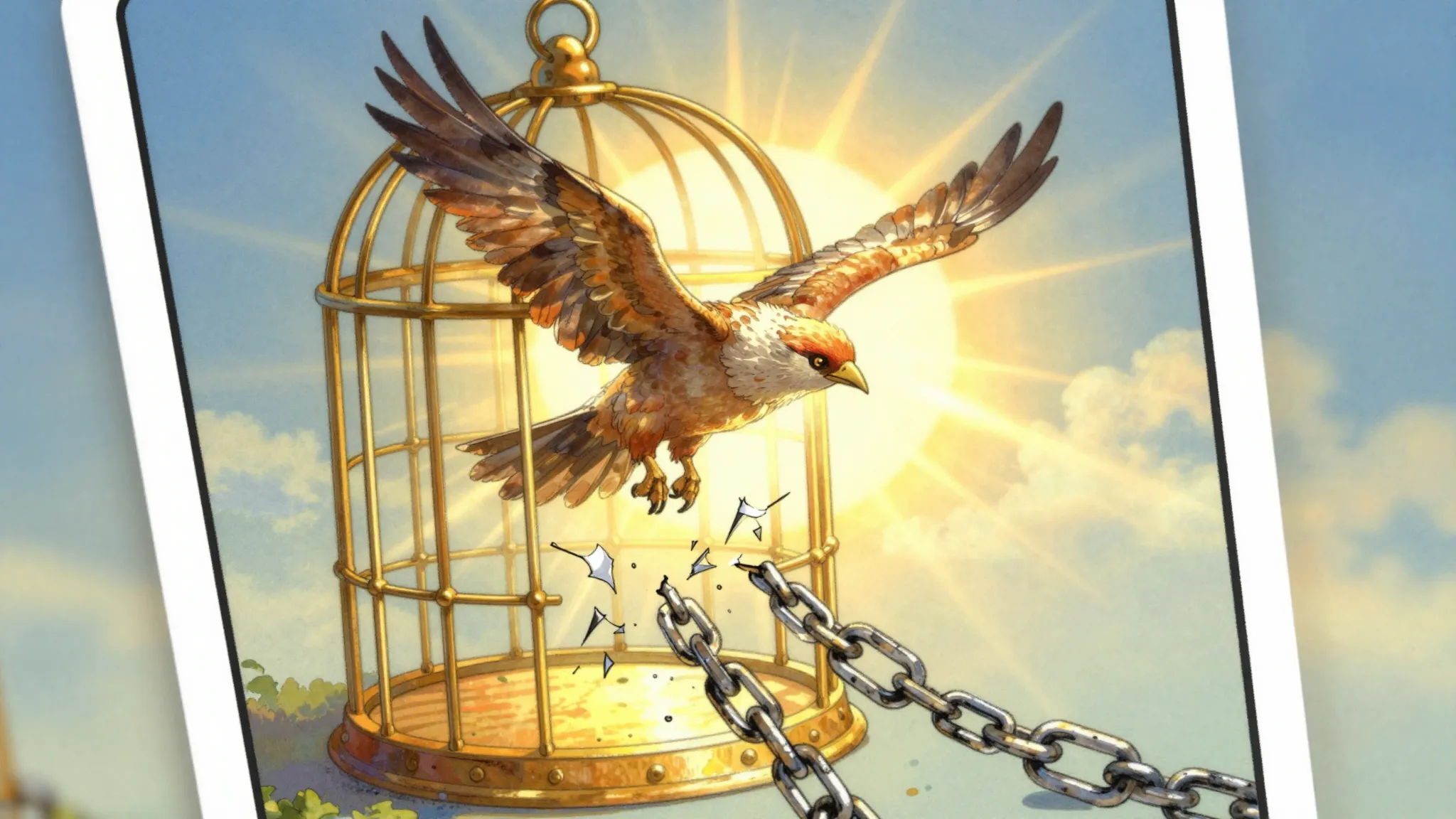 A symbolic tarot card depicting a bird flying out of an open...