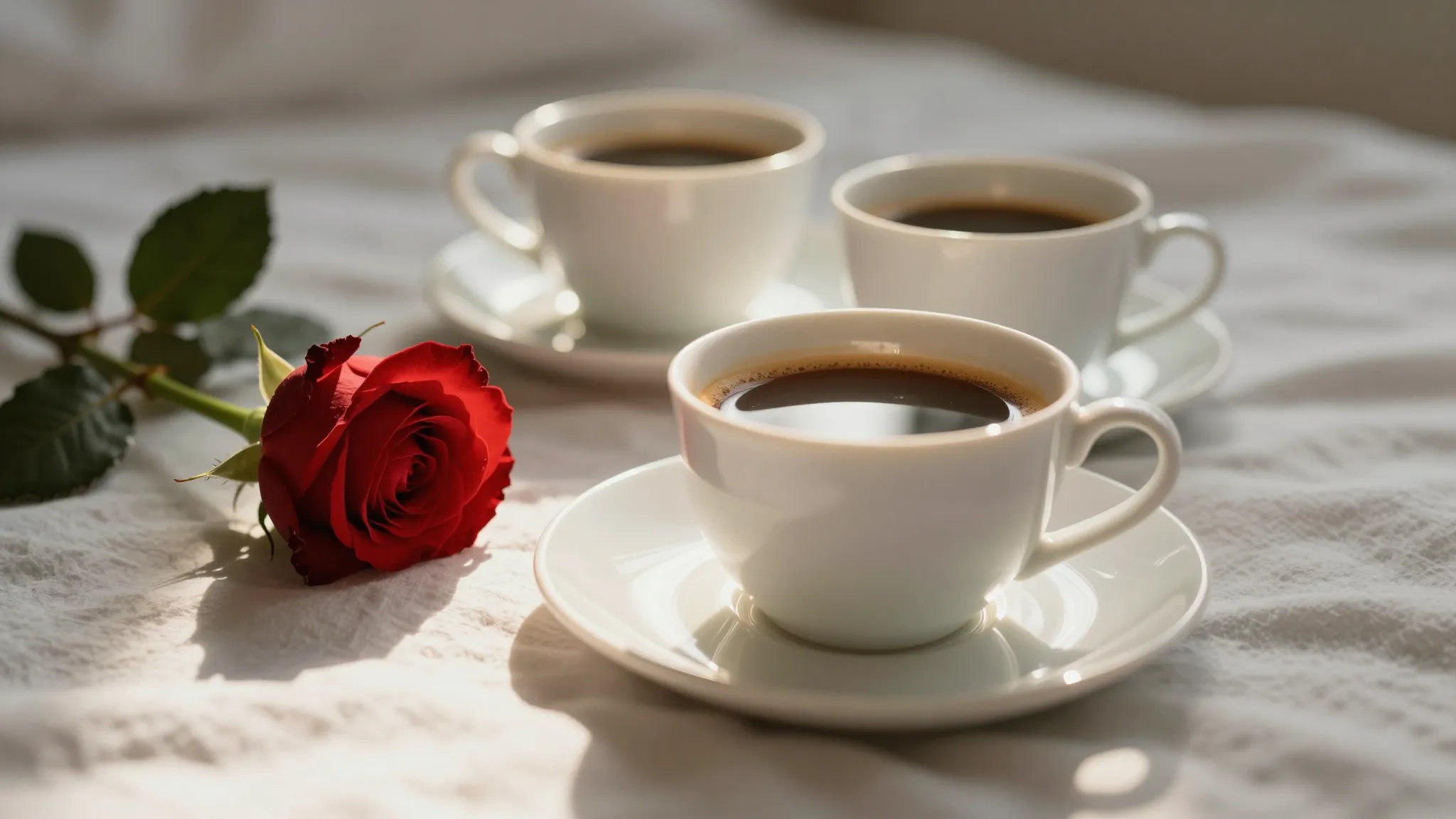 Close up of a romantic breakfast in bed with a single red ro...