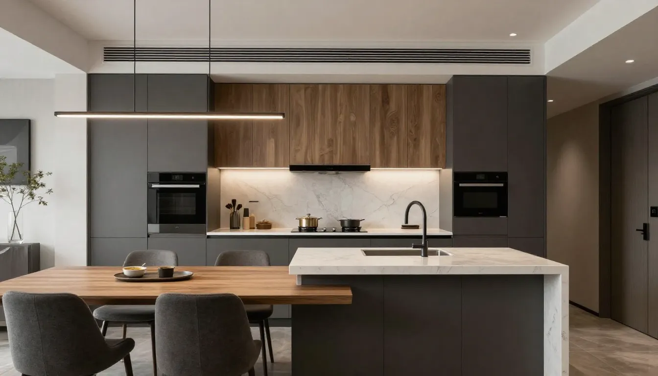 Modern kitchen and dining area design, sleek matte cabinets,...