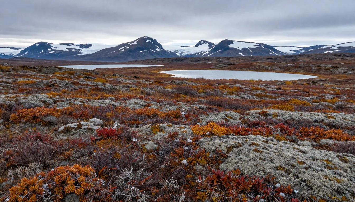 A vast Arctic tundra landscape in autumn, colorful moss and ...