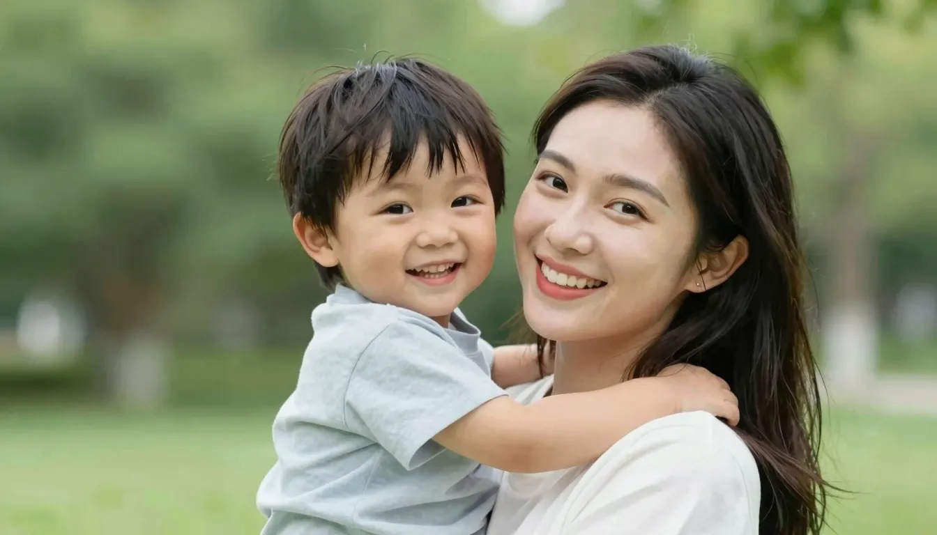 A woman smiling, holding a child, with a beautiful natural b...