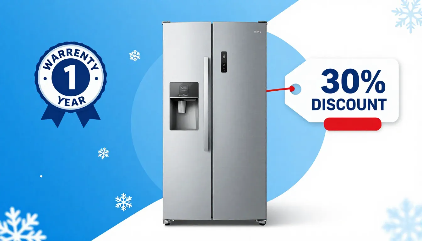 Professional infographic for Avito. A sleek modern refrigera...