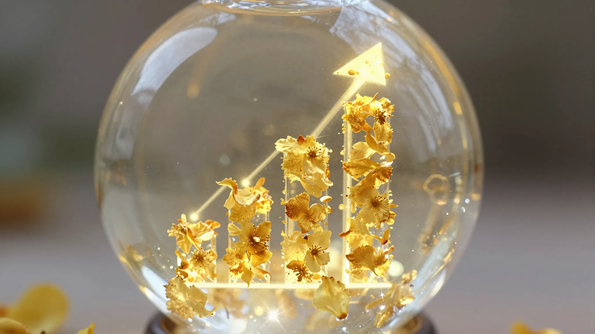 A glowing crystal ball showing a rising bar chart made of go...