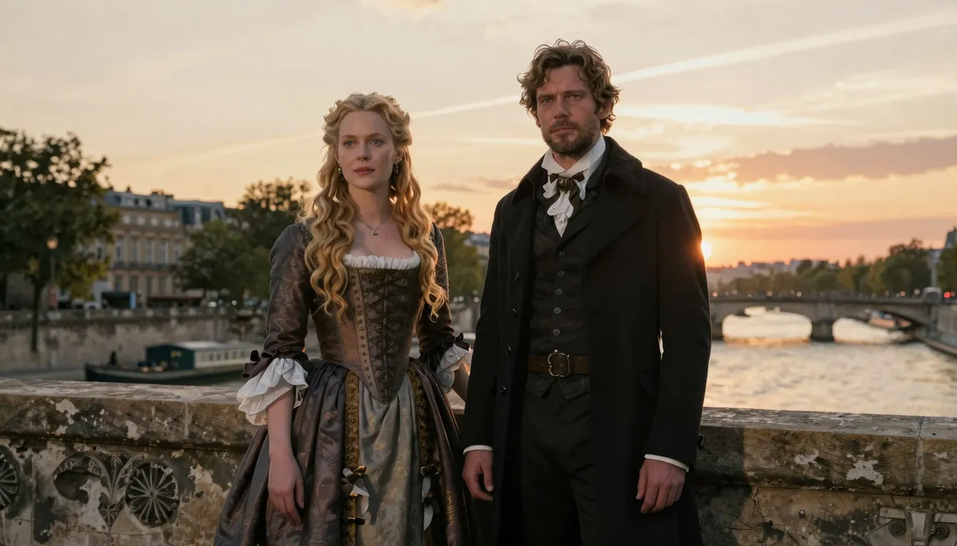 Beautiful blonde woman in 17th century French dress and a sh...