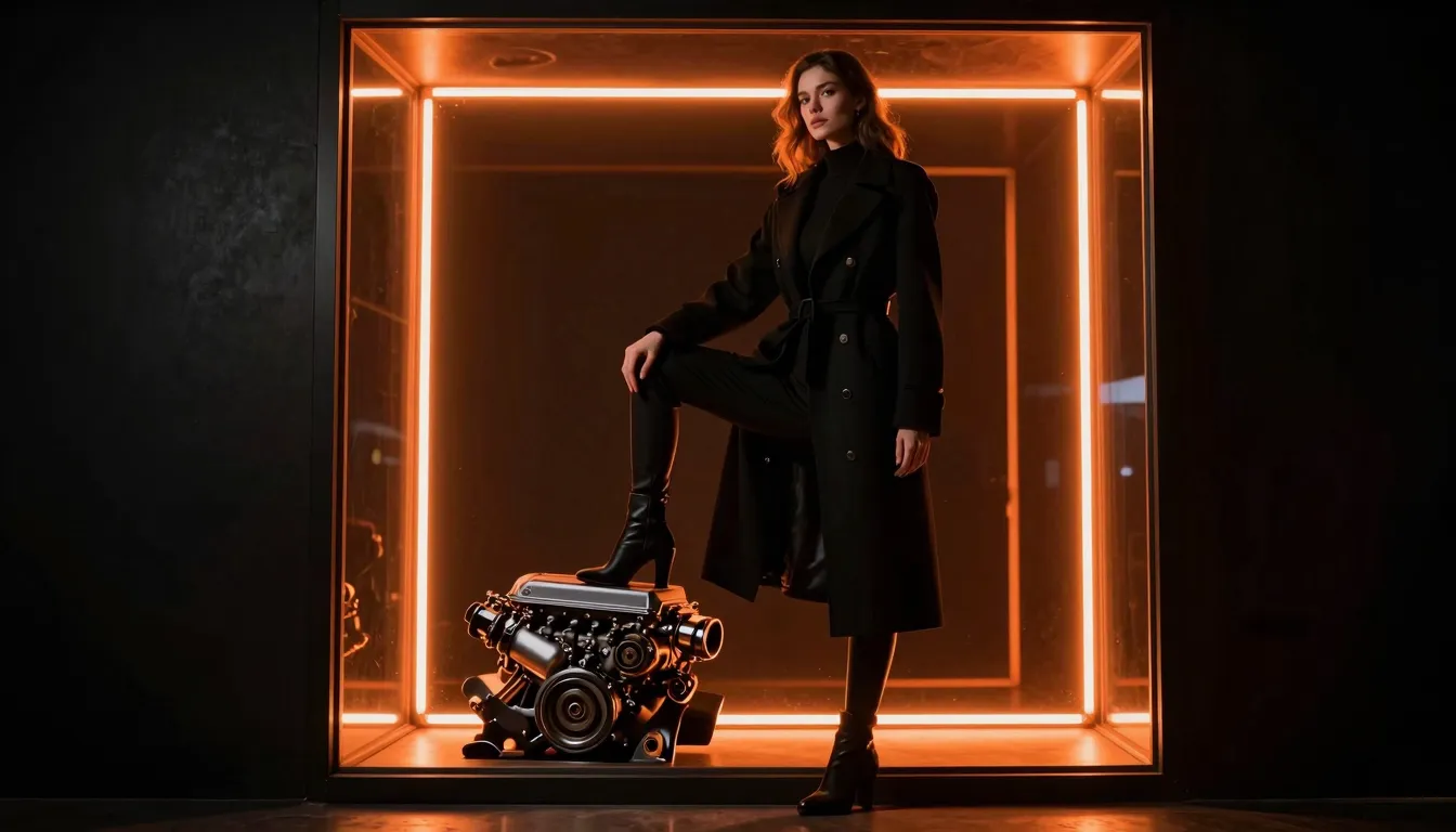 Central window panel: A woman in a high-fashion black coat p...