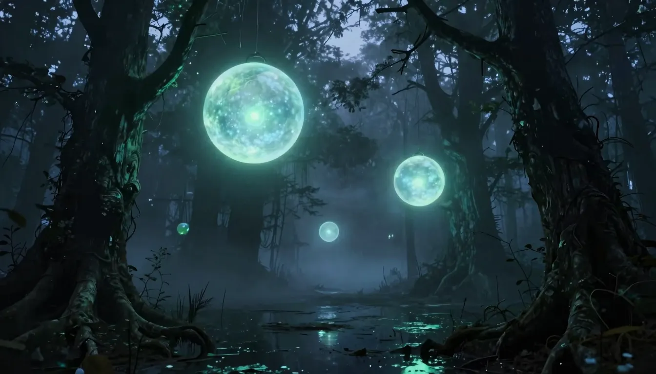 Mysterious glowing orbs of pale blue and green light hoverin...