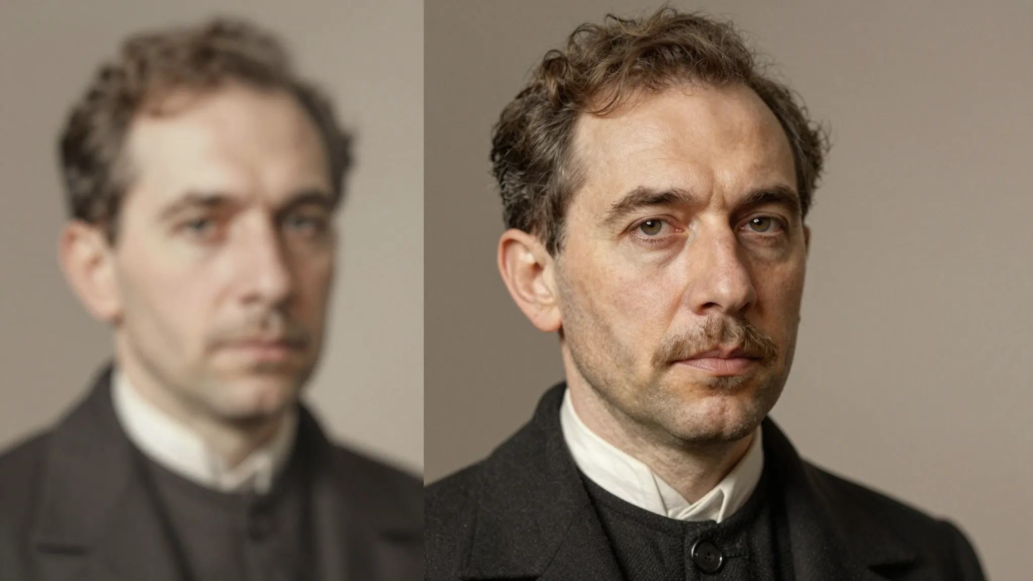 A split screen showing a blurry old portrait on the left and...