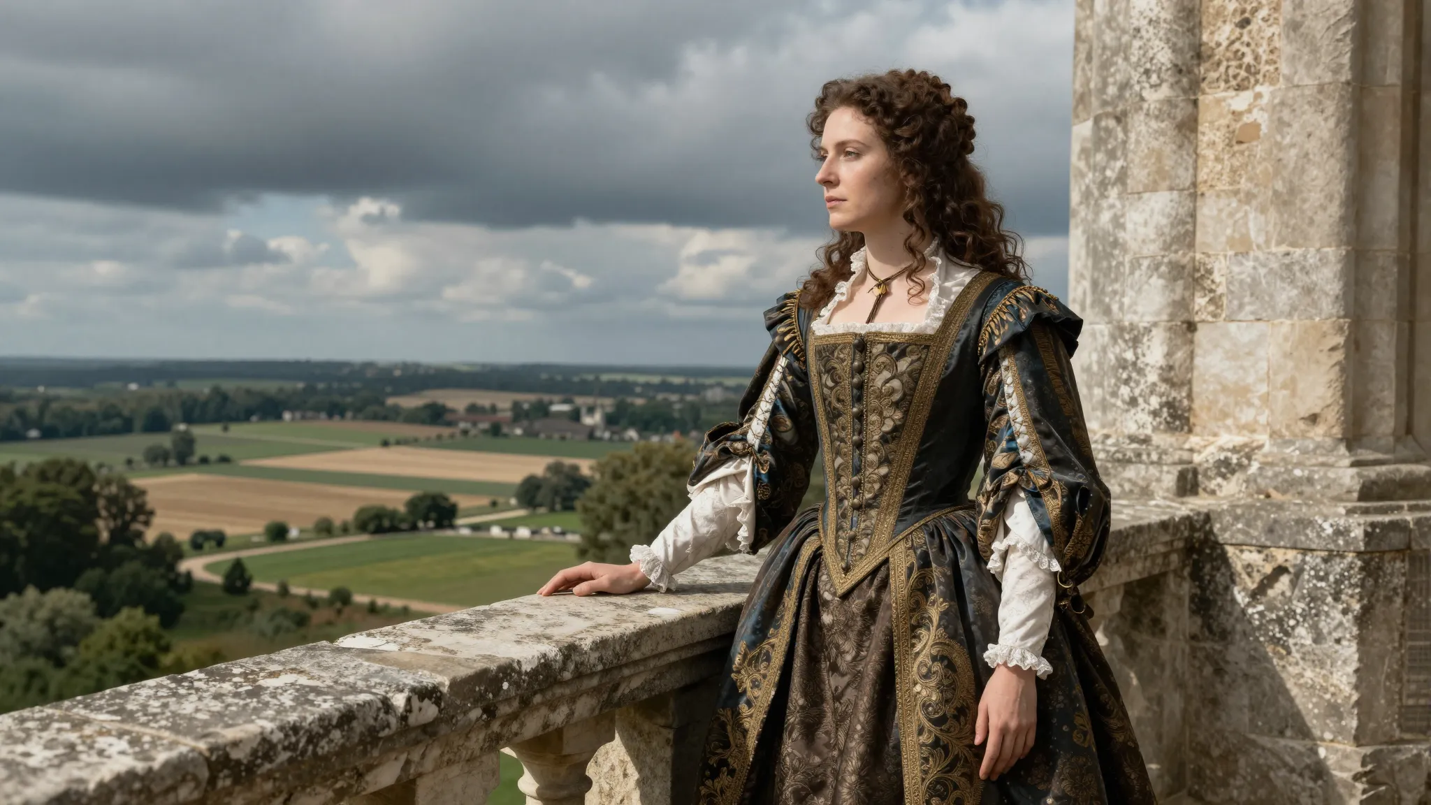 A determined 16th-century French noblewoman standing on a st...