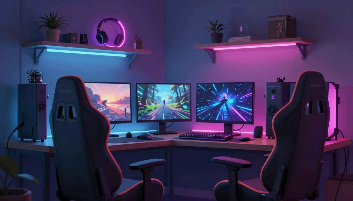 A stylish digital illustration of a gaming room, cinematic l...