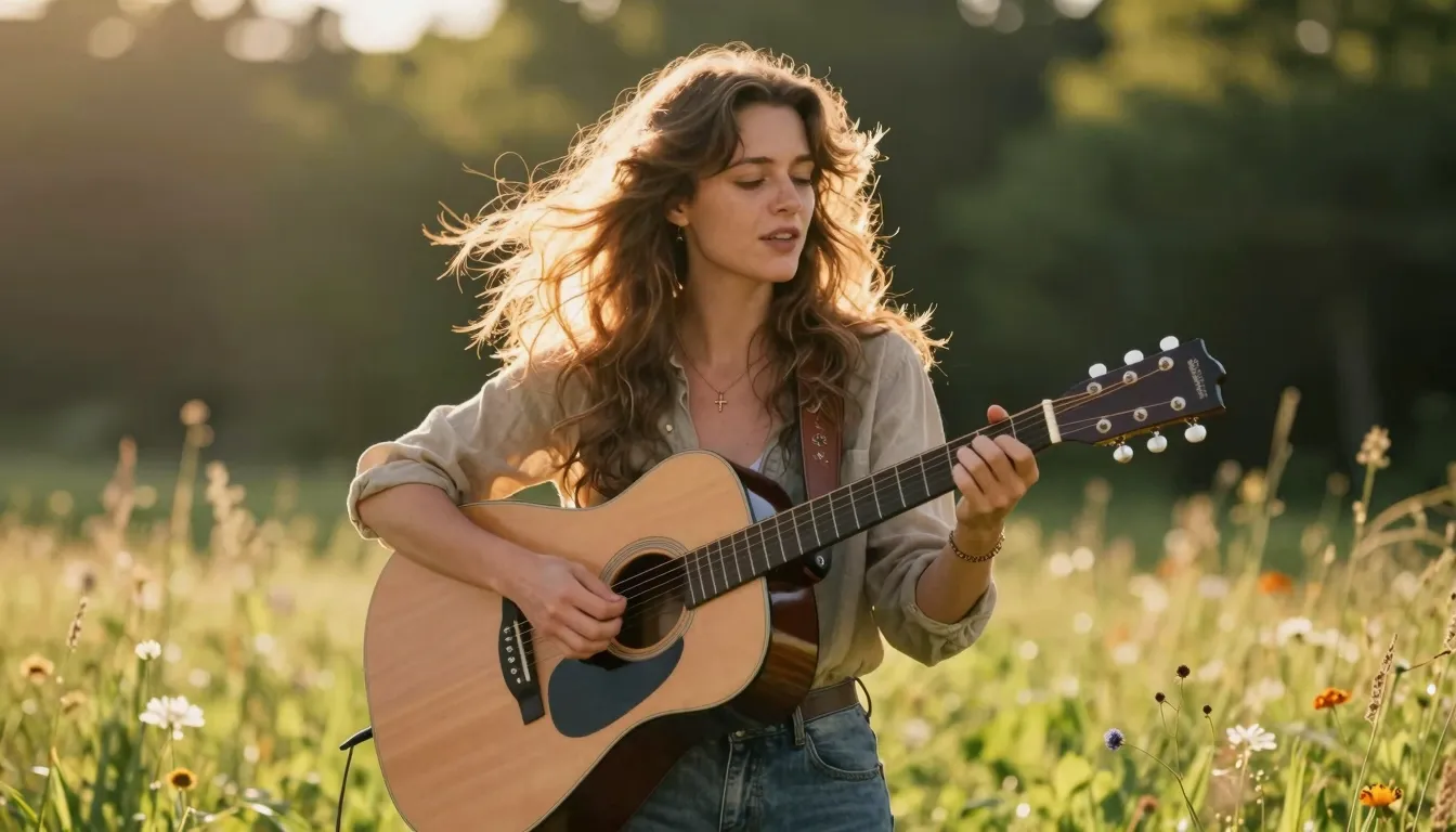 A spirited woman with flowing hair playing an acoustic guita...