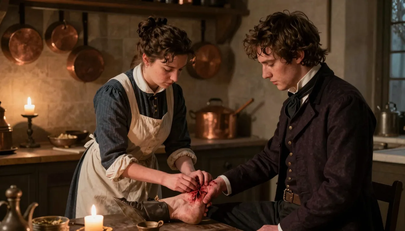 A cinematic shot of a 19th-century kitchen, a housekeeper in...