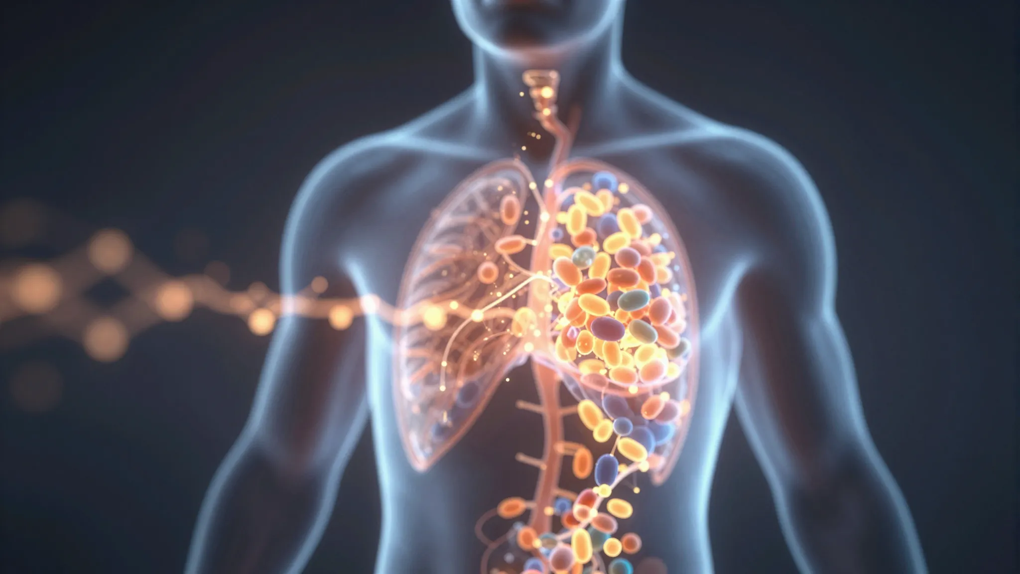 Abstract representation of hormones as glowing particles flo...