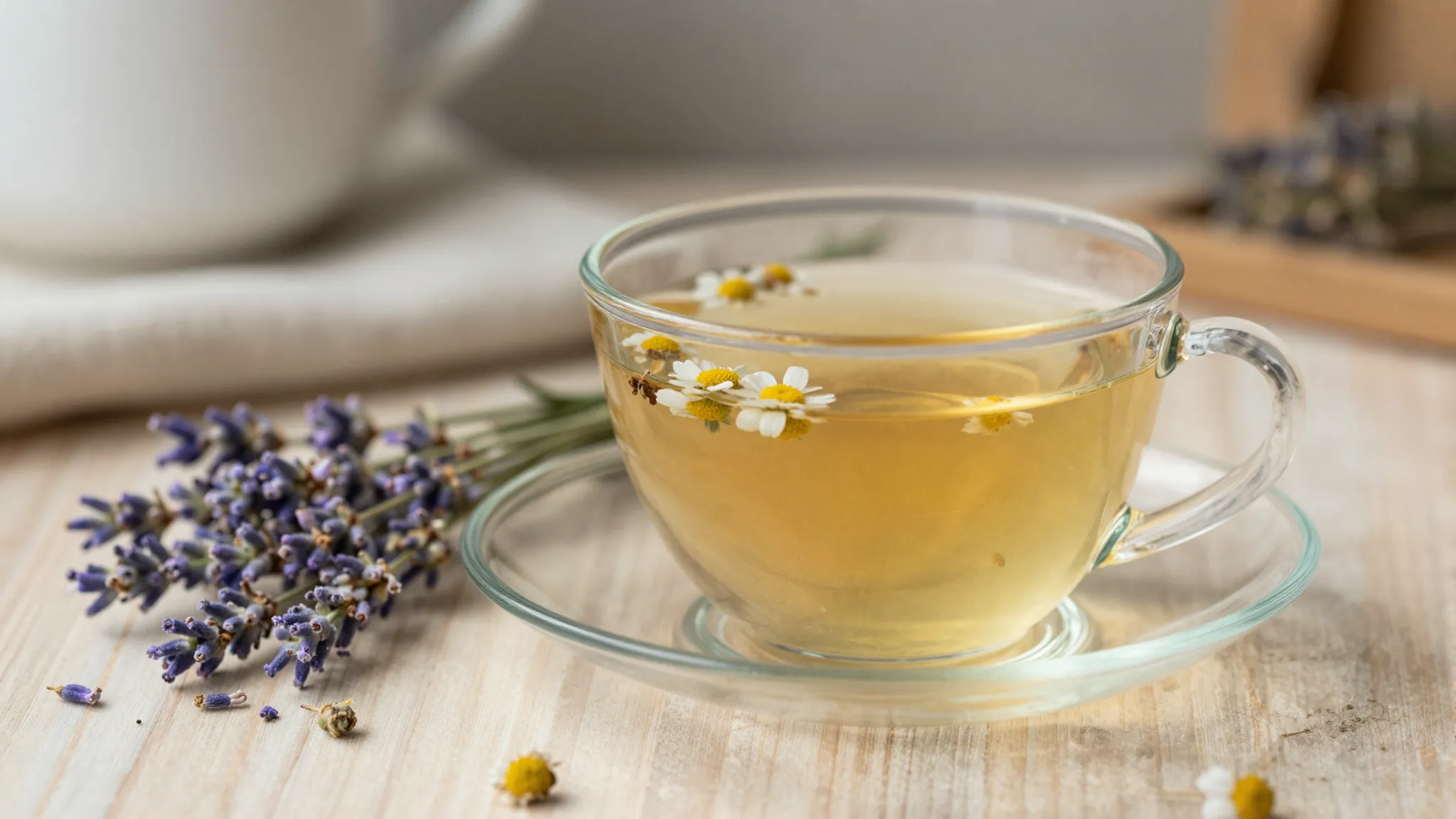 A cup of herbal tea with lavender and chamomile, cozy home e...