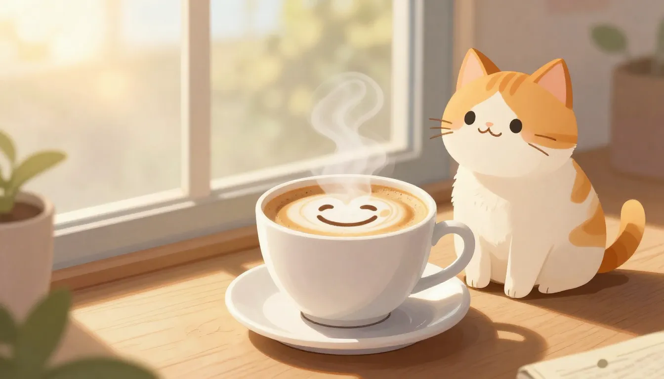 A cozy bright morning scene, a steaming cup of coffee with a...