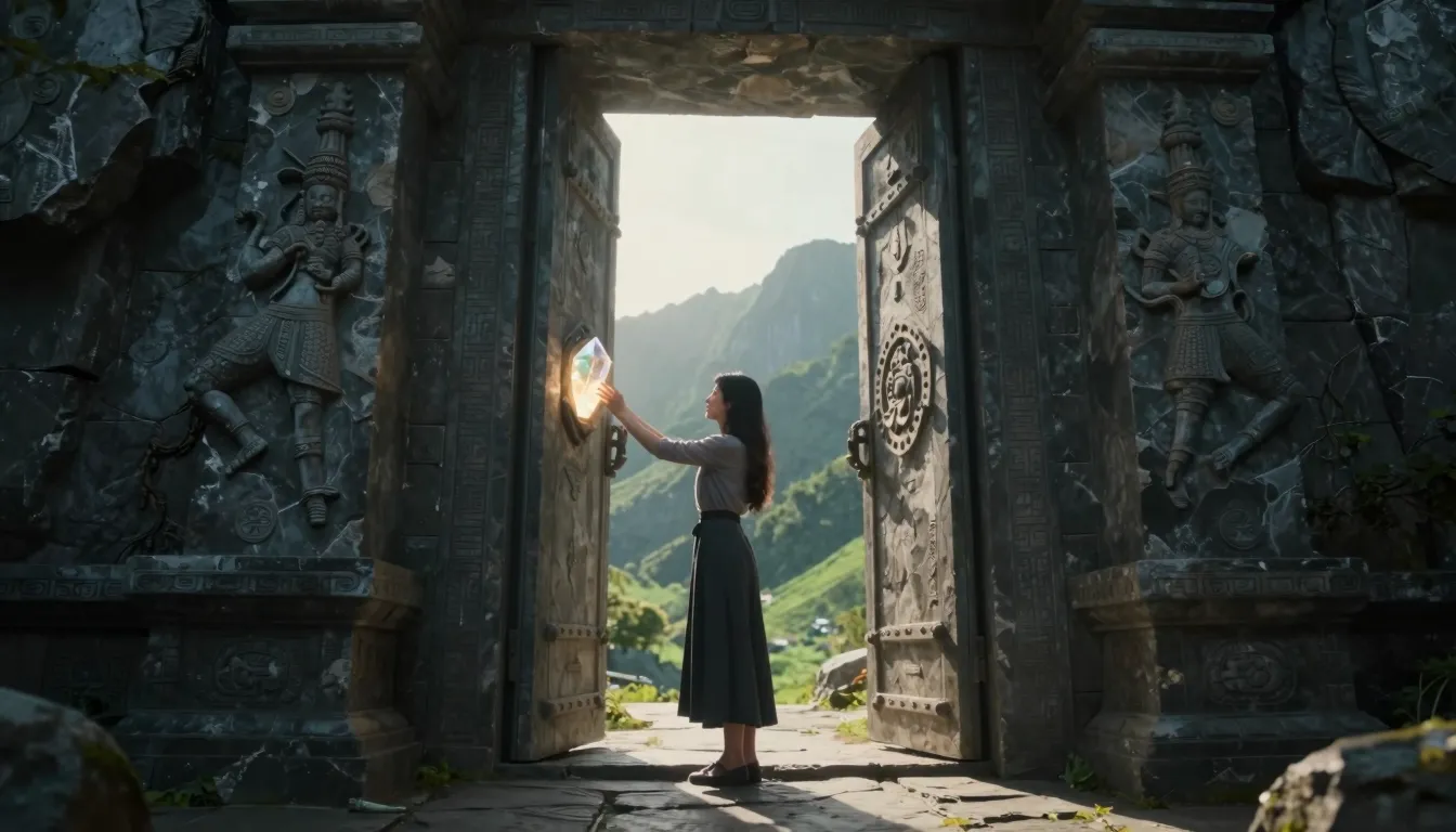 Photorealistic shot of a woman standing before massive ancie...