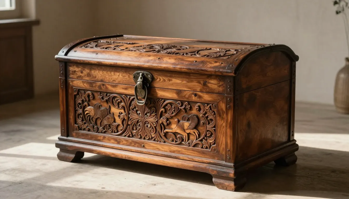 A beautiful handmade wooden chest with intricate carvings, p...