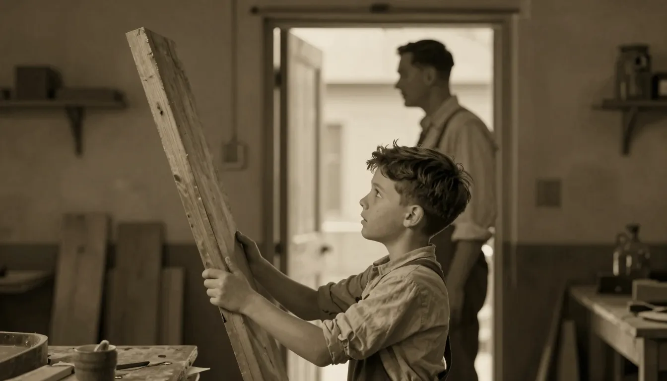 A young boy in a 1940s workshop holding a wooden plank, look...
