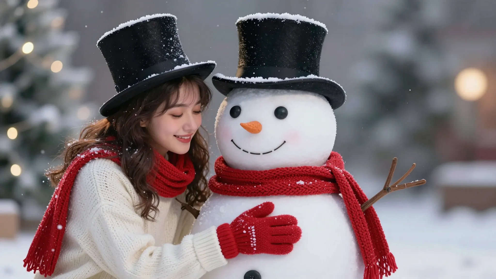 A beautiful young woman in a cozy white sweater and red mitt...