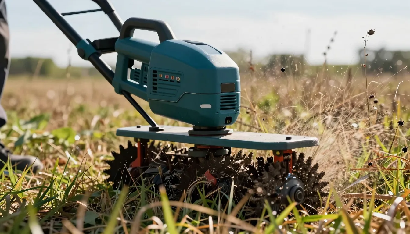 Close-up of a powerful brush cutter clearing tall dry weeds ...