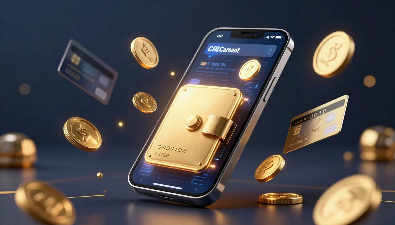 A futuristic smartphone displaying a digital wallet with glo...