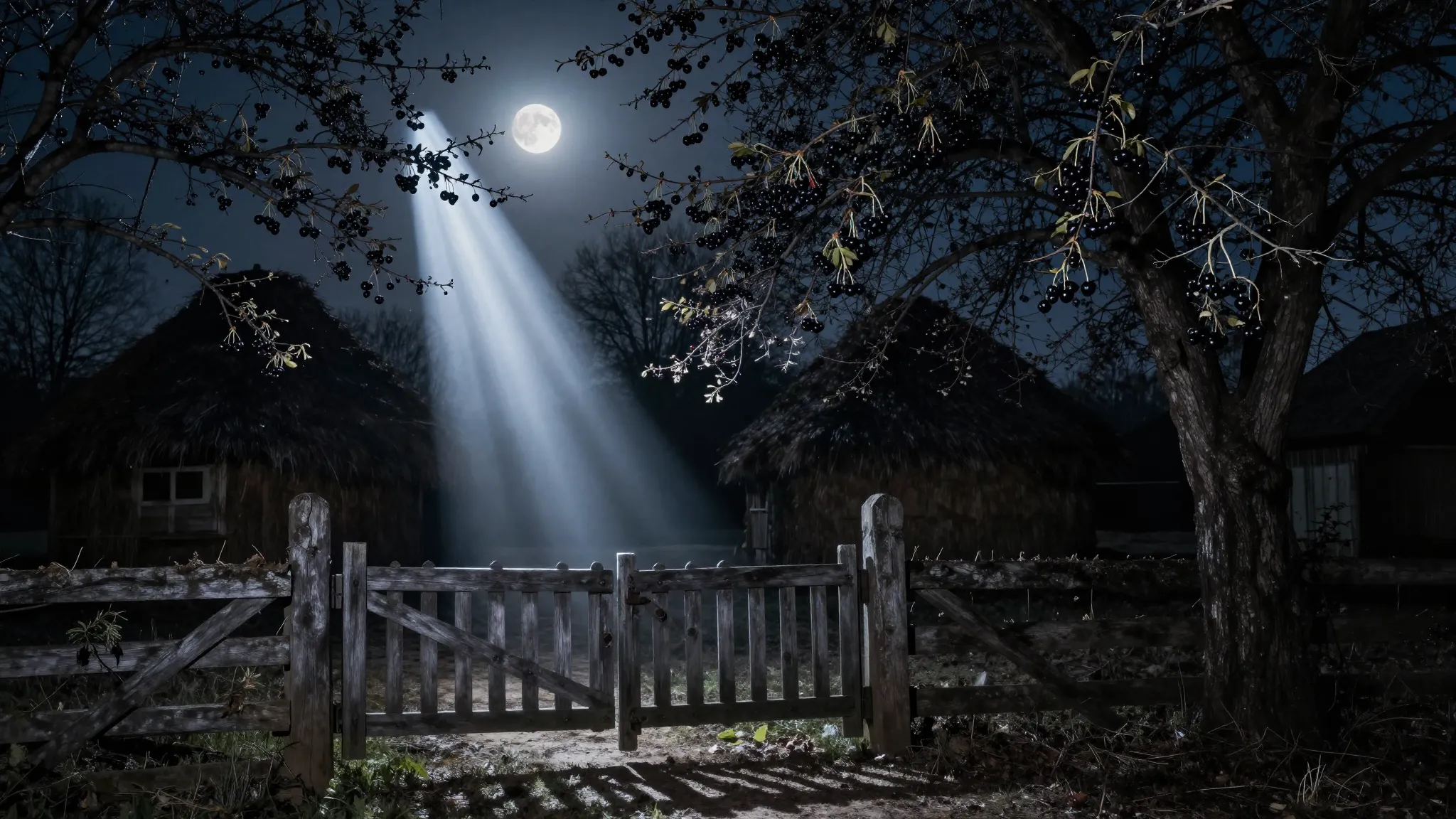 A surreal, poetic night in an old village. A single, sharp b...