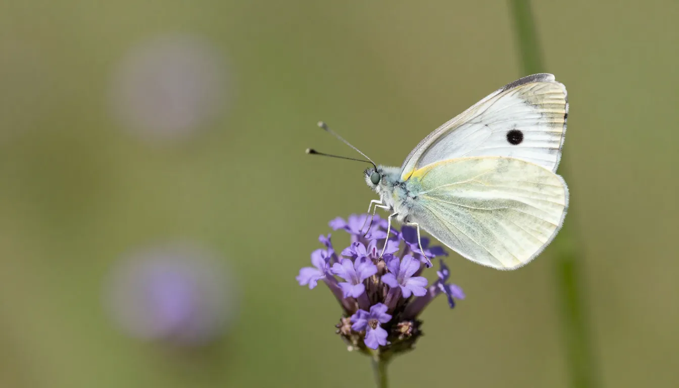 A delicate white butterfly resting on a purple wildflower, m...