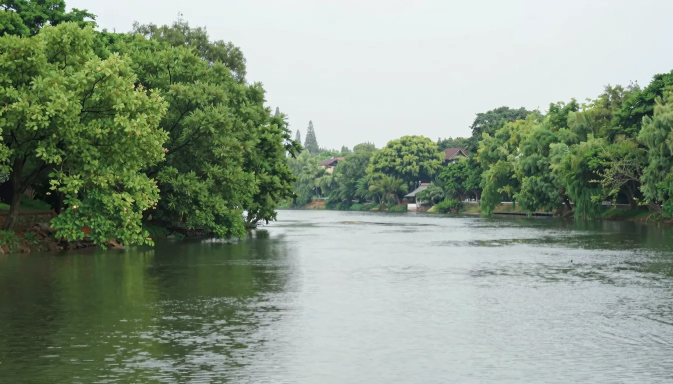 A peaceful landscape with a calm river and green trees, symb...