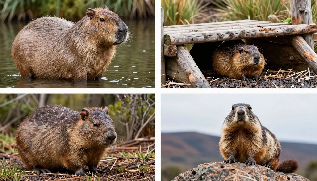 A collage of four distinct animals in their natural habitats...