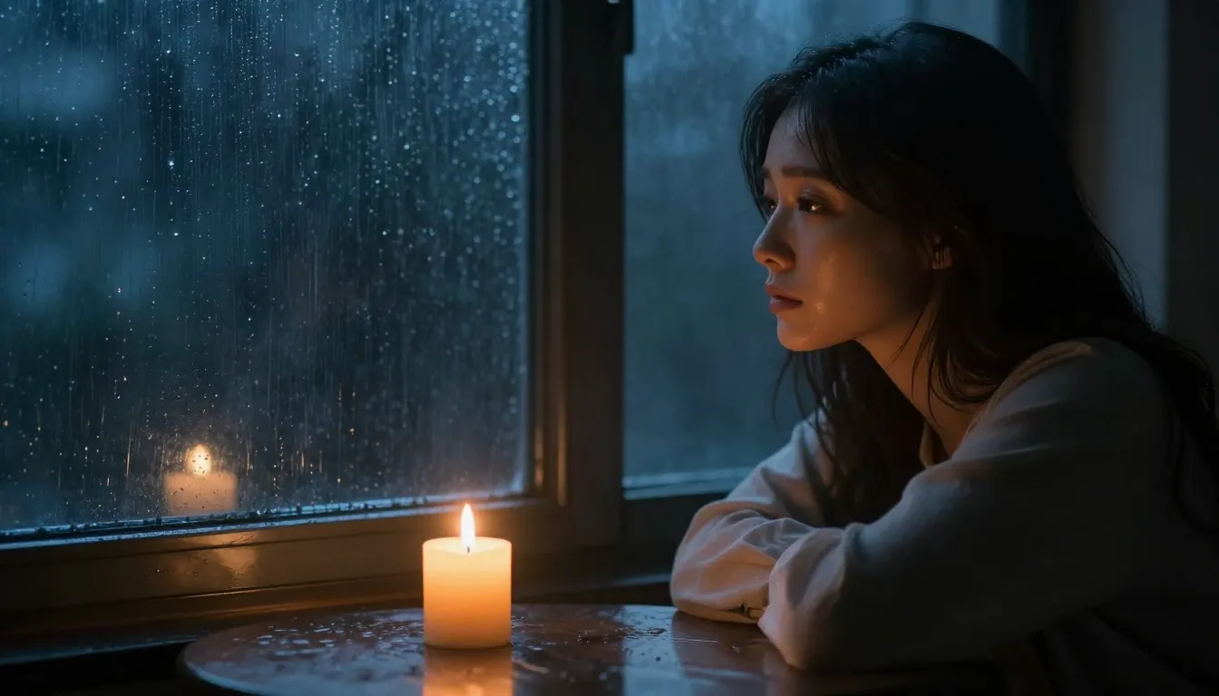 A cinematic, melancholic scene of a woman looking out a rain...