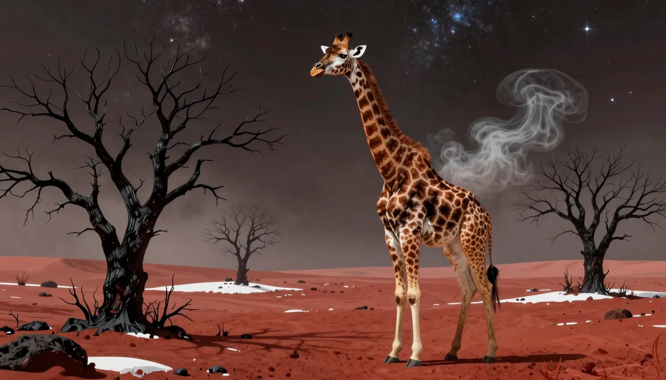 Surreal digital art, a giraffe on the red surface of Mars, b...