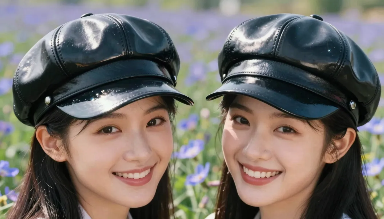 Two joyful Chinese women in a cornflower field, wearing over...
