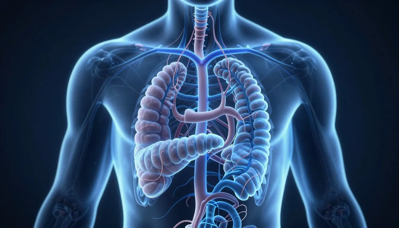 A conceptual 3D render of a human endocrine system glowing w...