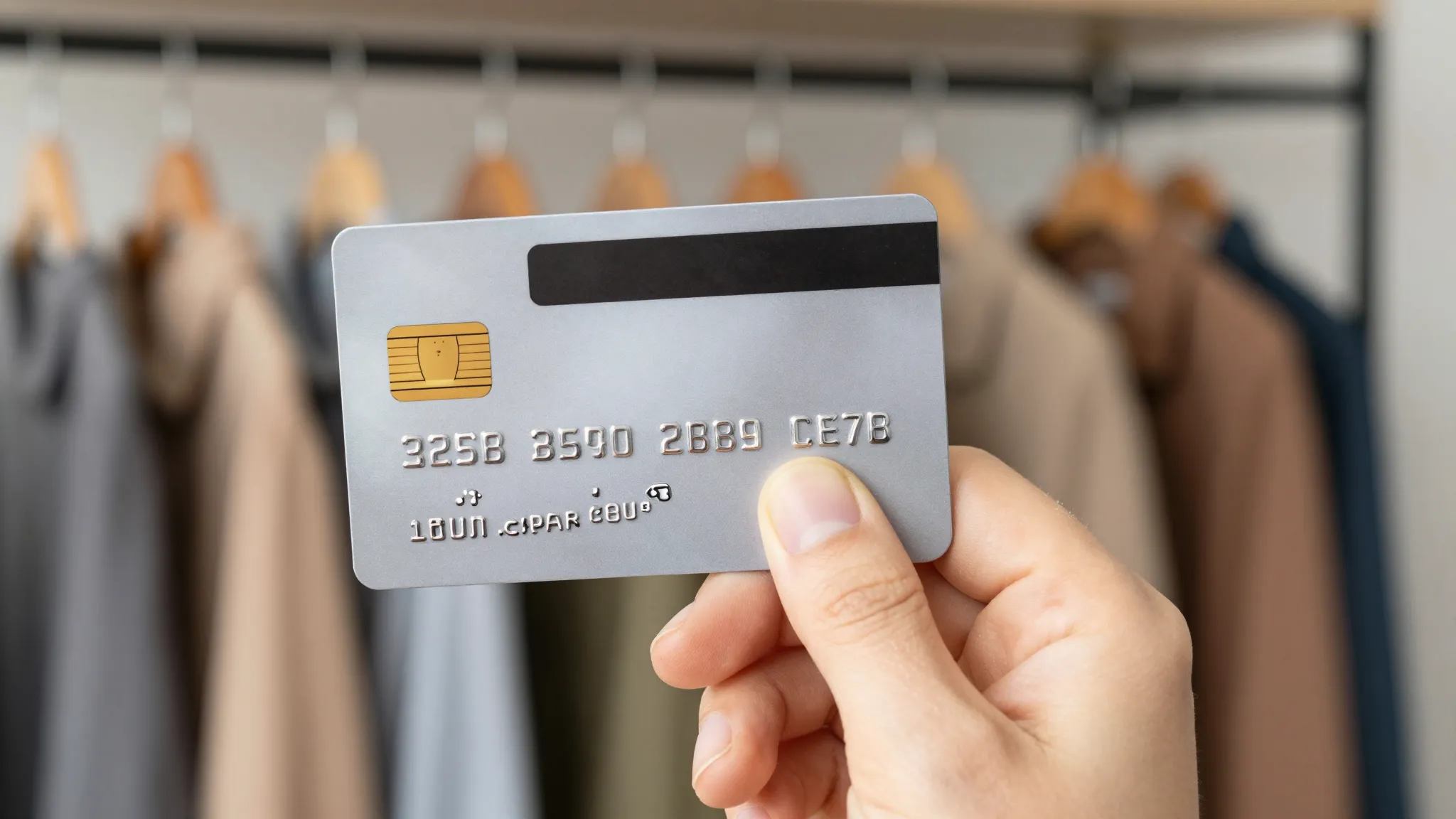 A close up of a hand holding a silver credit card in front o...