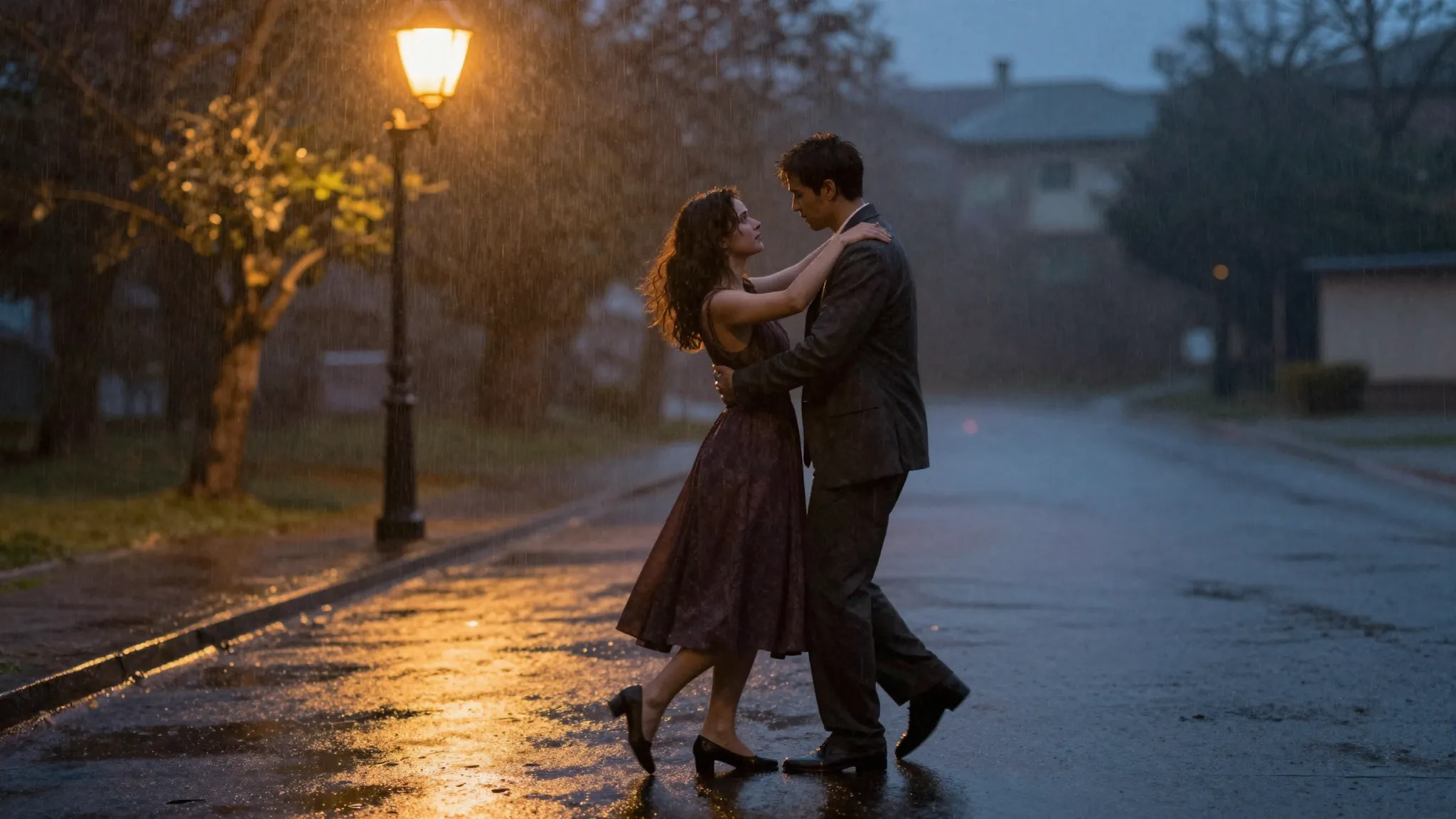 A cinematic scene of a romantic couple dancing in a gentle r...