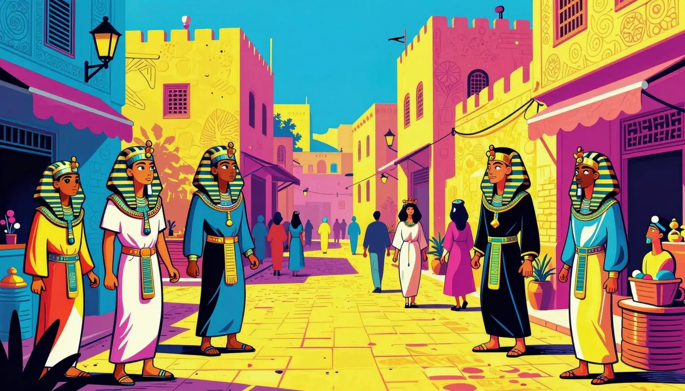 A colorful pop-art style illustration of a traditional Egypt...