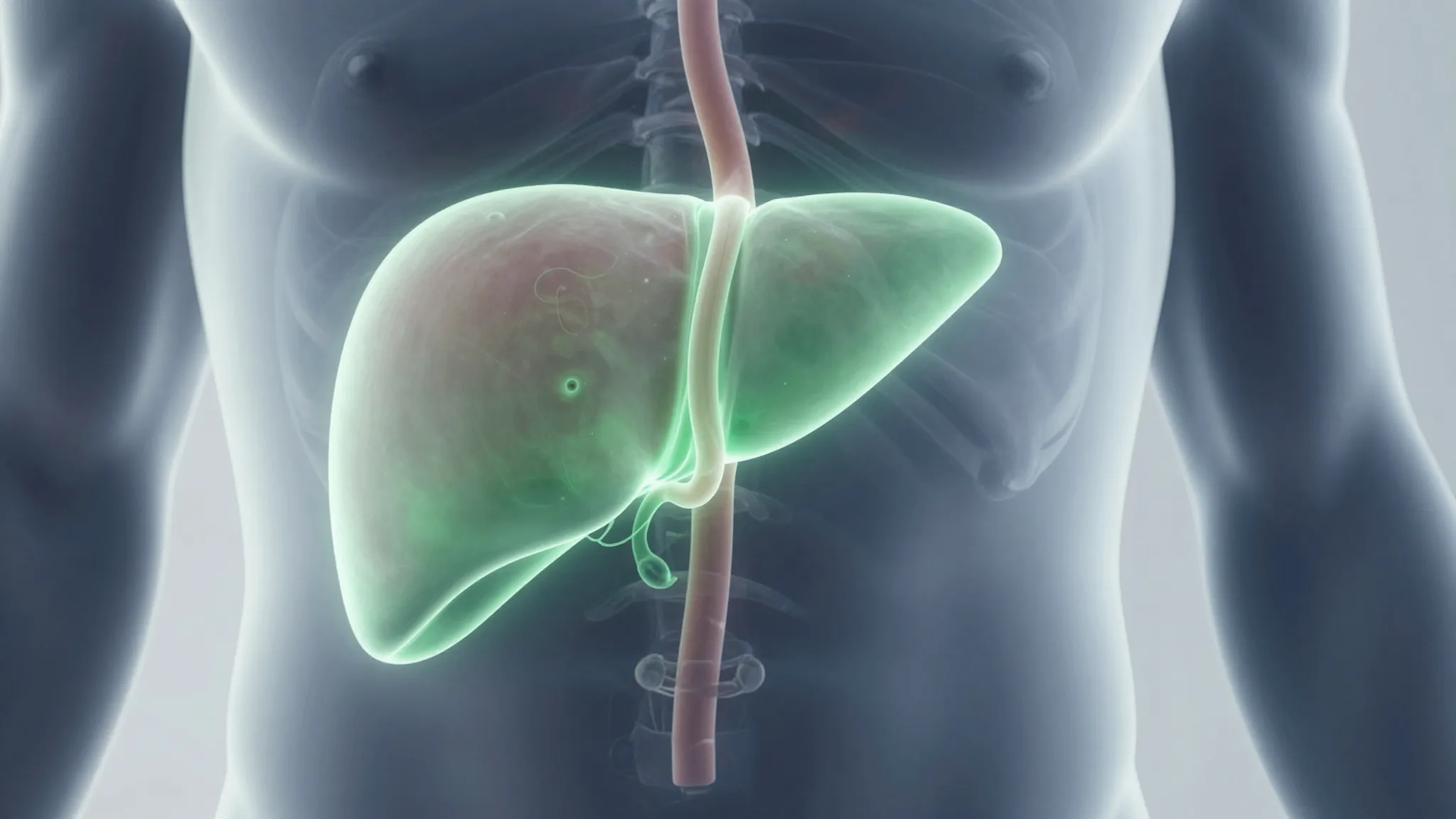 An anatomical 3D render of a healthy human gallbladder and l...