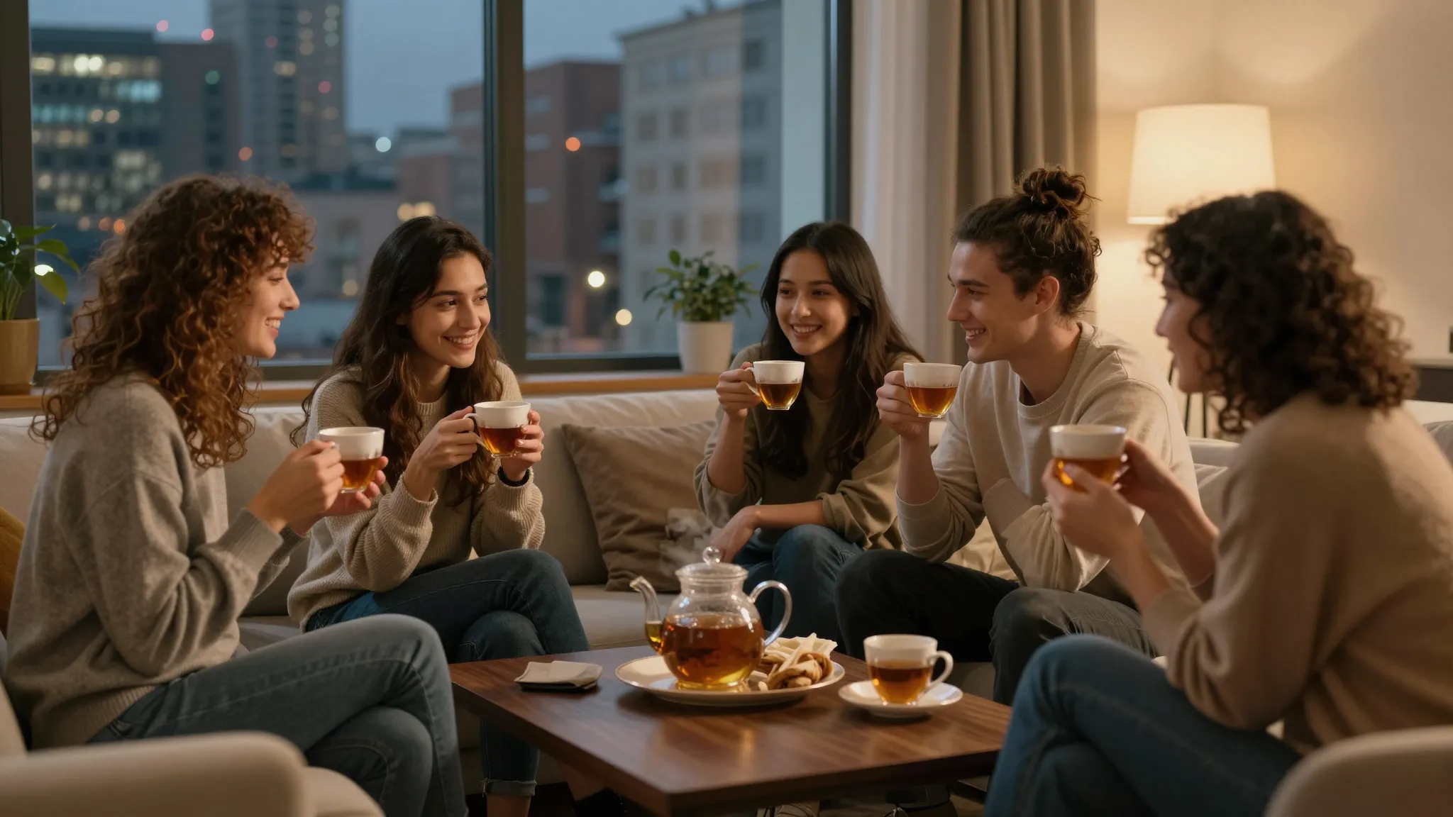 A cozy group of friends drinking tea in a modern Moscow apar...