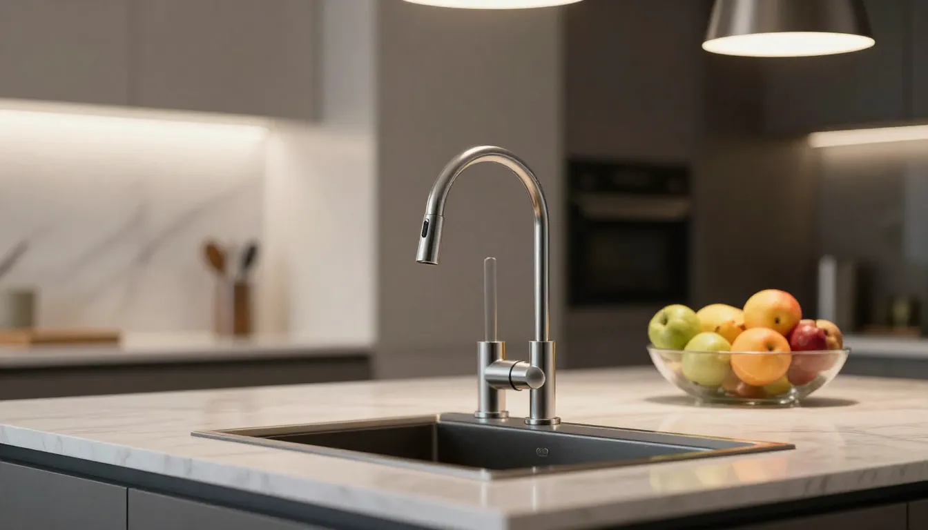 Detailed close-up of a modern kitchen island with a sleek fa...