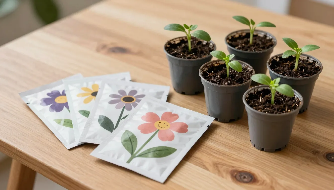 A beautiful wooden table with flower seeds packets and small...
