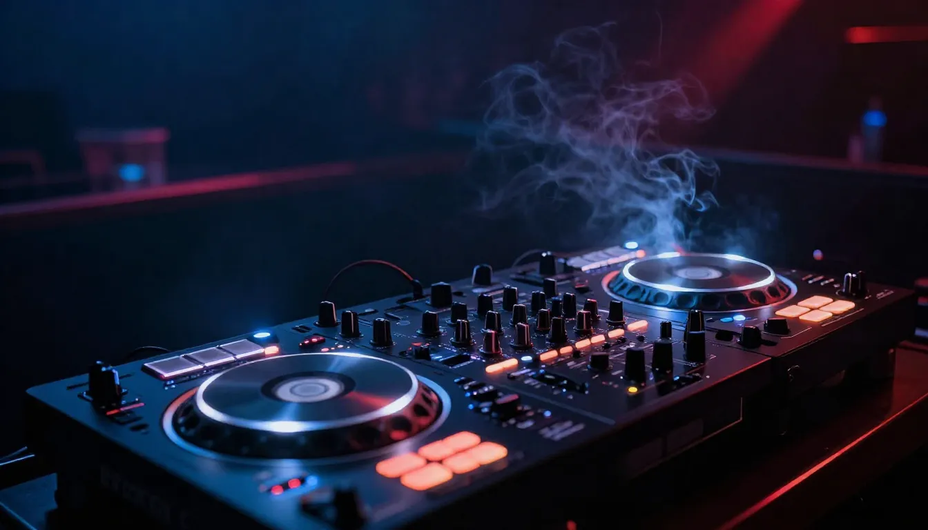 Cinematic shot of a professional DJ controller in a dark clu...