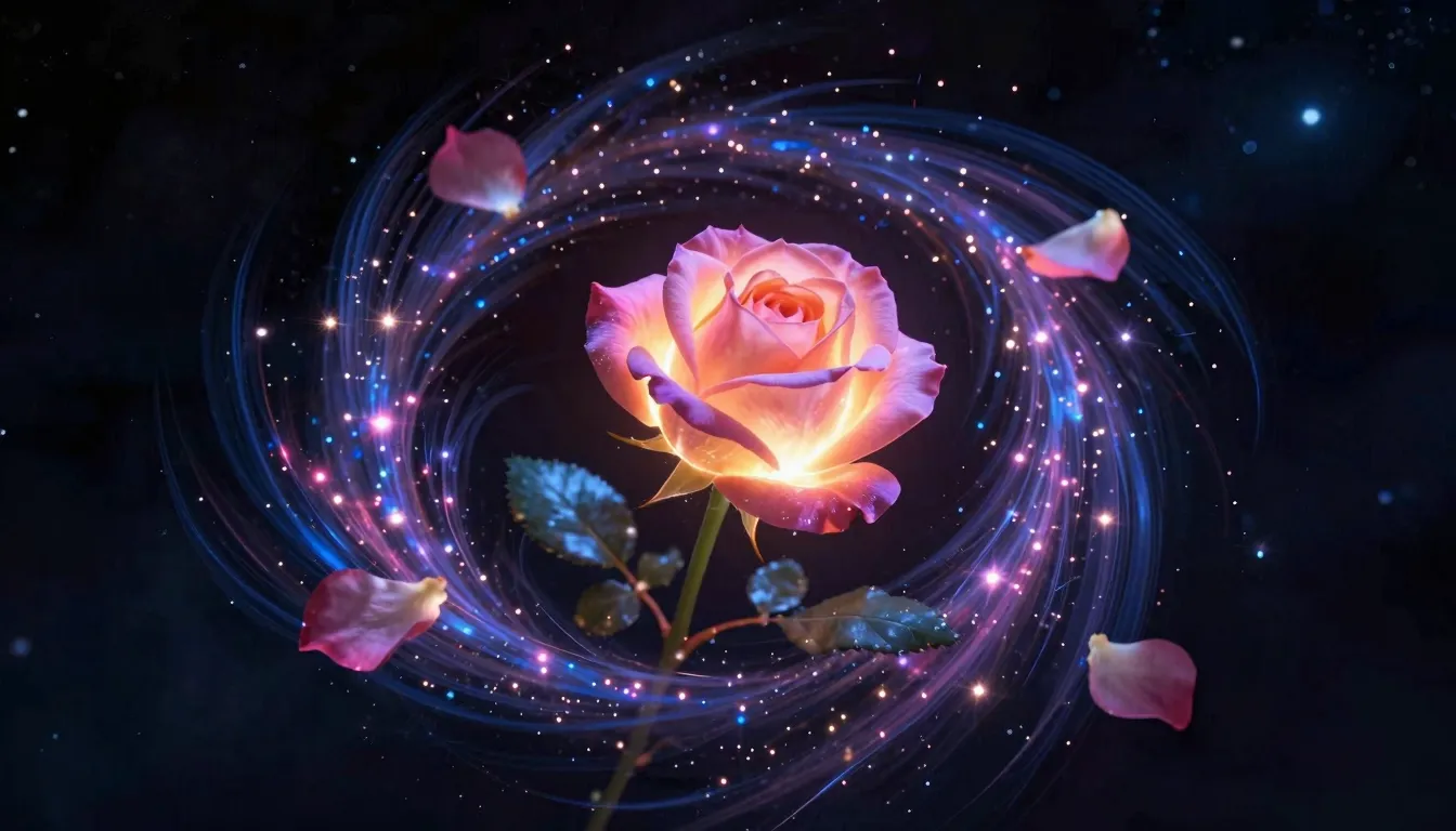 A single glowing rose floating in deep space surrounded by a...