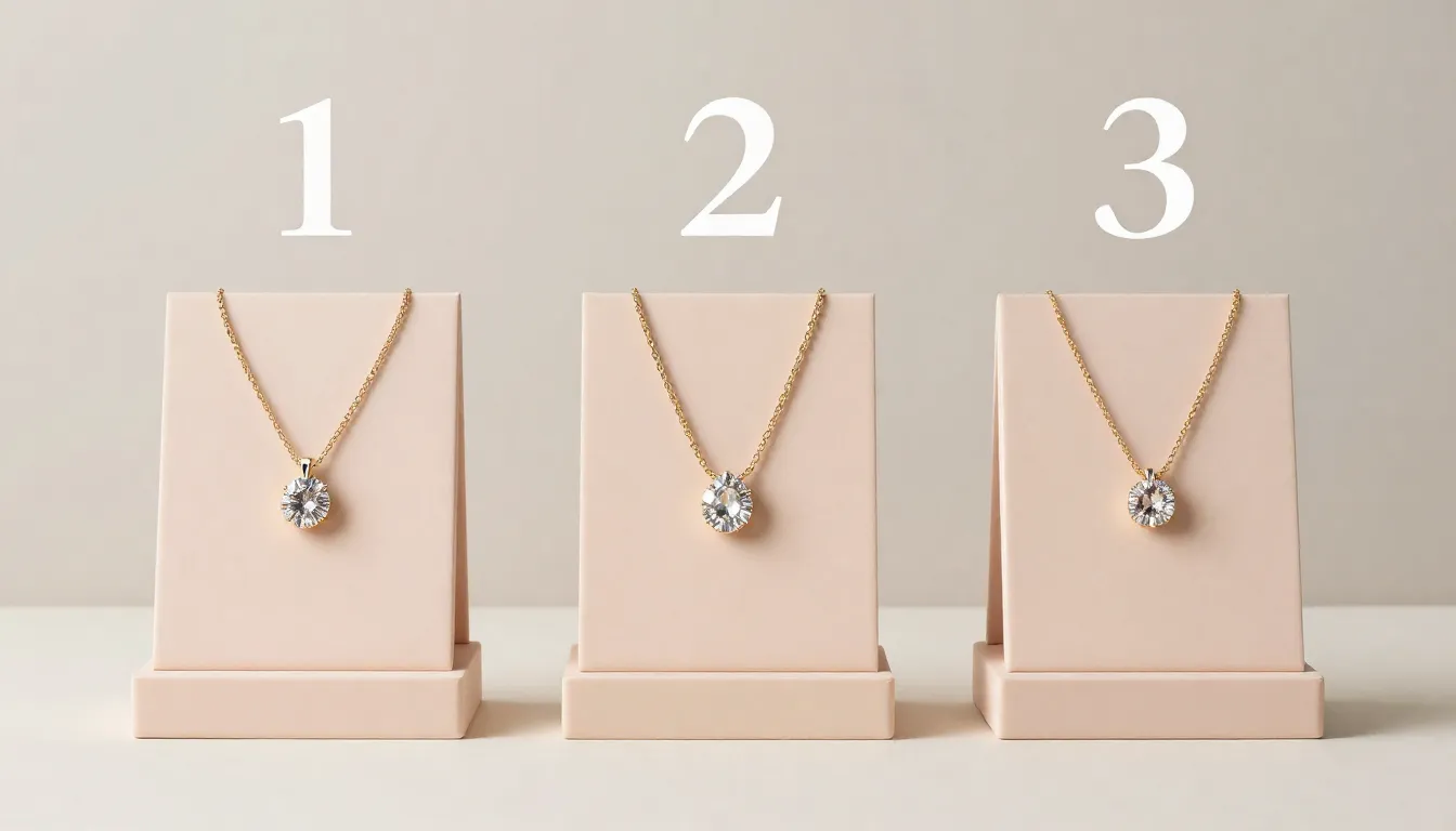 Three elegant jewelry display stands in a row, each holding ...