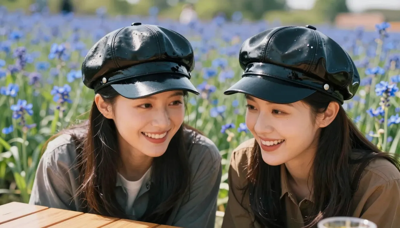 Two joyful Chinese women wearing oversized high-gloss black ...