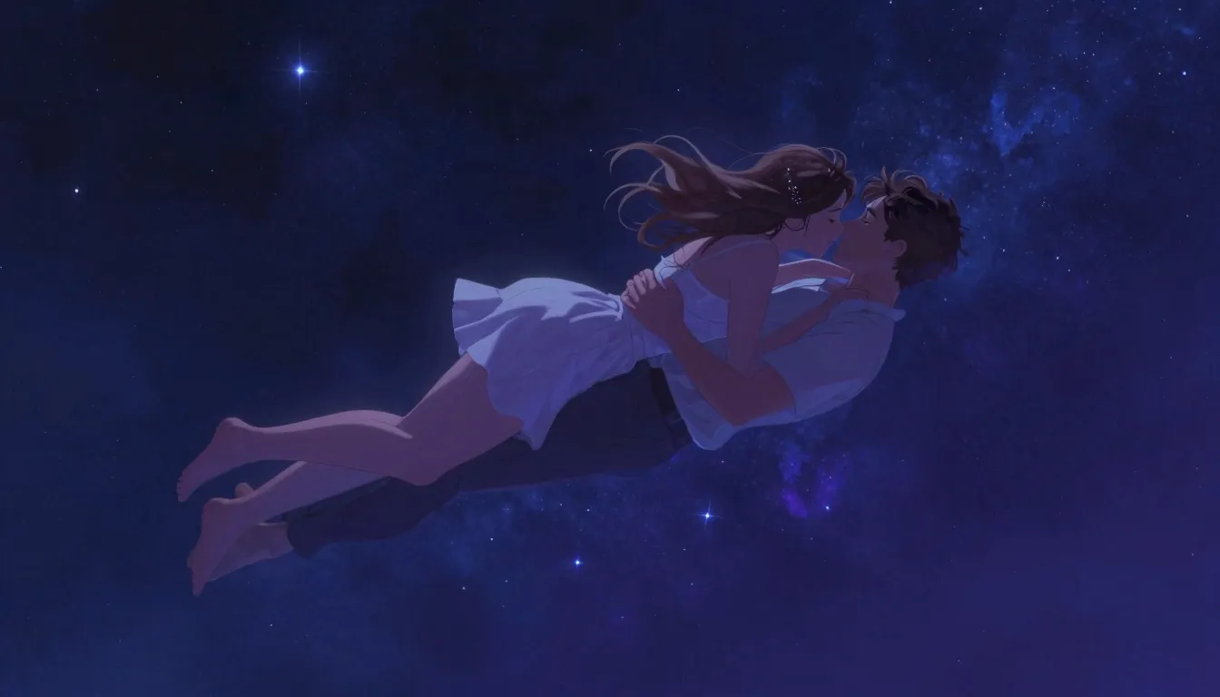 A romantic couple floating in a dreamlike starry space, weig...
