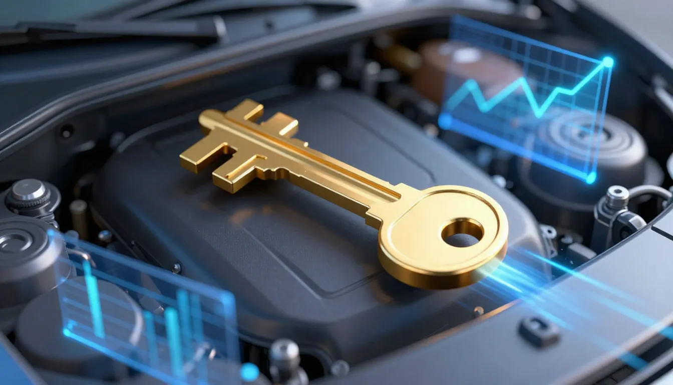 A conceptual 3D render of a golden key unlocking a car engin...