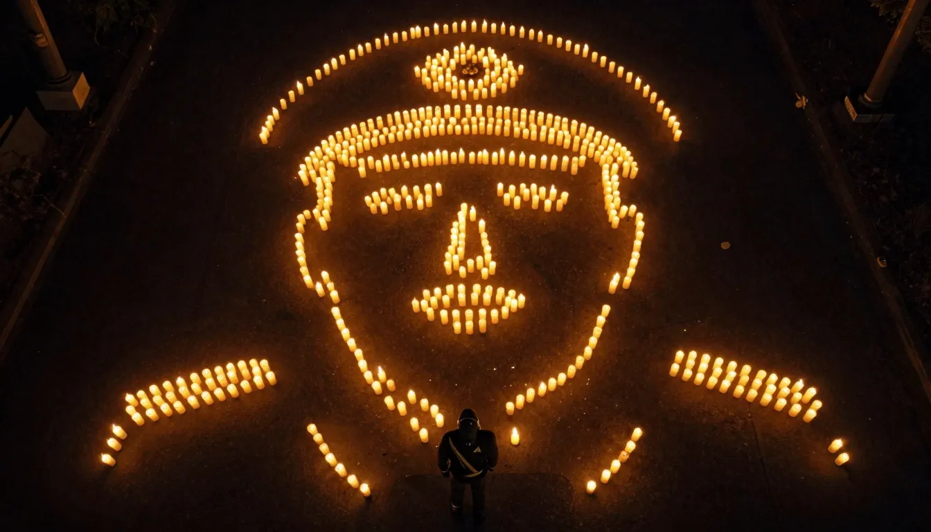 A large-scale memorial portrait of a pilot made of thousands...