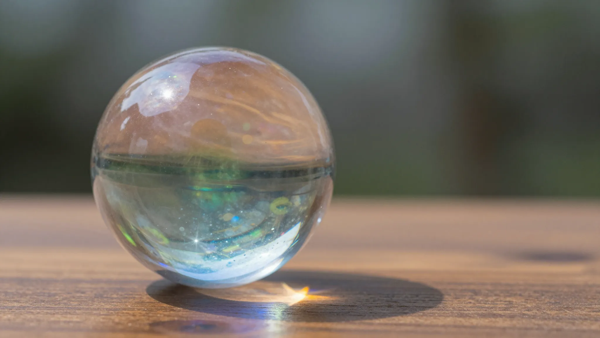 A magical crystal ball on a wooden table reflecting a spectr...