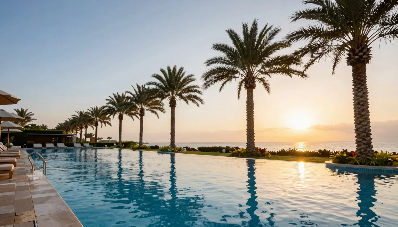 A luxury resort swimming pool at sunset with palm trees and ...